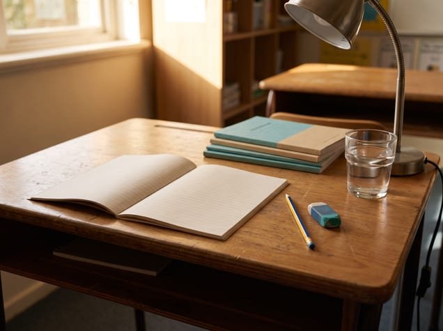 A school desk with an open exercise book, pencil and lamp