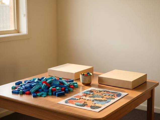 Building bricks and a part-finished jigsaw on a low table